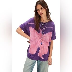 NWT Ragabond Free People OS Swan Gossip Painted Tee in Purple/Pink Combo New $88